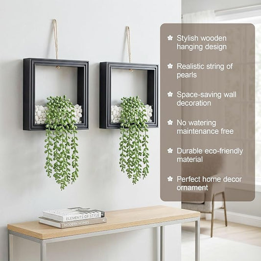 2 Pack Fake Plants Hanging, Artificial Succulents Plants in Square Wooden Frame with Glow Accents, Boho Wall Decor for Office Living Room Bathroom Bedroom Kitchen Indoor Outdoor, Black