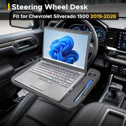 EcoNour Steering Wheel Desk for Chevrolet Silverado1500 2019-2026 2-in-1 Car Tray Table Laptop Car Mount with Pen Holder Food Tray for Eating with Drinks Holder Multipurpose Travel Car Accessories