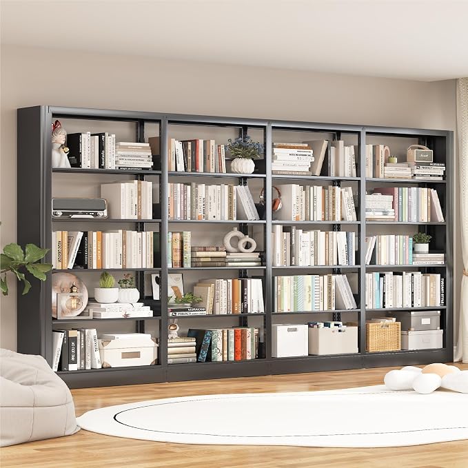 Bookshelf, Heavy Duty Metal Book Shelf, Industrial Tall BookShelves with Adjustable Shelves, 280lbs Shelf Capacity, Large Office Bookcase, Display Book Organizer for Living Room Library - 1+1 Set