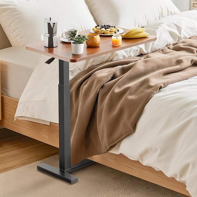 Adjustable Overbed Bedside Table with Wheels, Pneumatic Adjustable Hospital & Home Use Bed Table, Rolling Laptop Table, Mobile Standing Desk, Brown