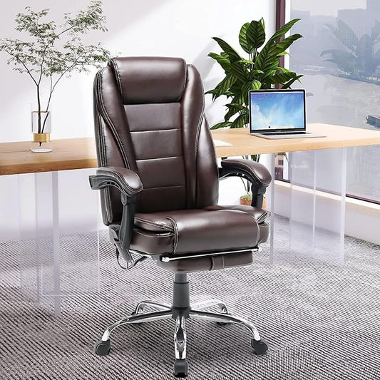 HOMREST 4-Point Massage Reclining Office Chair, Leather Heating Executive Chair, Ergonomic Home Office Desk Chair with Retractable Footrest,Computer Chair for Home Office, Study, Gaming (Brown)