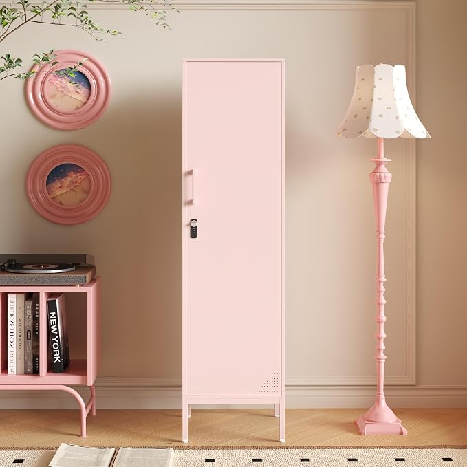 Pink Metal Locker Cabinet, 59.1" Lockable Storage Locker for Employees with Adjustable Shelves, Locking File Cabinet Door for Office, School, Gym, Garage