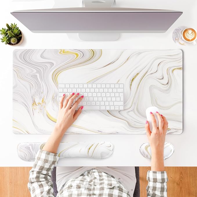 QIYI Leather Desk Mat Set, 4-in-1 Large Mouse Pad with Ergonomic Wrist Rest, Waterproof Desk Pad + Keyboard Wrist Rest + Mouse Wrist Support + Coaster, Non-Slip Office Gaming Accessories, White Marble