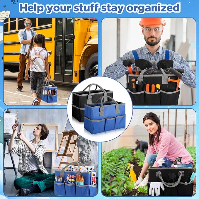 Tellingyou 2 Pcs Art Craft Tote Bag Teacher Craft Organizers and Storage Bag Desktop Tote Supply 600d Oxford Classroom Organizer Caddy Gift for Crafters Christmas Office(Black, Blue)