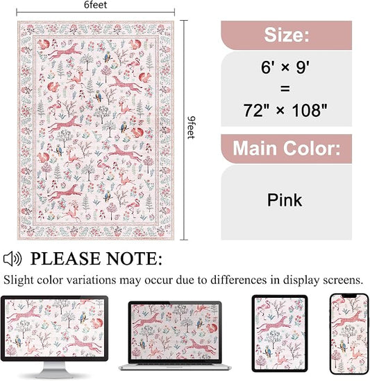 DUKINO 6x9 Rug, Washable Animal Living Room Rug with Non Slip Vintage Design, Soft Low Pile Large Carpet for Bedroom, Nursery, Dining Room, Farmhouse, Playroom, Pink