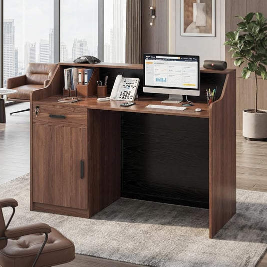 Reception Desk with Counter, Front Desk with Storage Cabinet and Drawer, 47 inch Modern Retail Counter with Cable Grommet for Checkout, Barber, Beauty Salon, Home Office