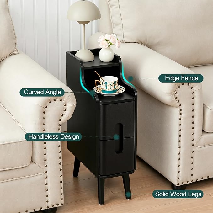 Black Narrow Nightstand, Wood 2 Drawer Small Nightstand, Slim Side Table, Modern Skinny End Bedside Table, Wood Night Stand with Drawers for Bedroom (Black-1 pc)