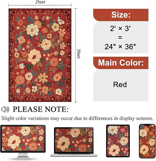 DUKINO 2x3 Rugs for Entryway, Floral Indoor Washable Door Mat, Non Slip Boho Small Rug for Kitchen, Soft Low Pile Front Door Throw Rug for Entrance, Bedroom, Kitchen, Laundry, Bathroom, Red