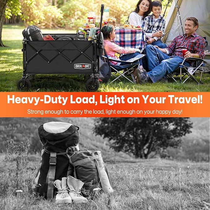 Overmont Ultra-Compact Collapsible Wagon Cart -200L Portable Folding Wagon with All-Terrain Wheels Utility for Beach, Grocery Shopping, Camping, and Gardening โ 360lbs Load Capacity Black