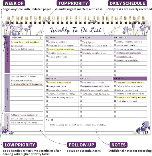 104 Pgs Weekly To Do List Notepad, 52 Duplex-Printed Undated Sheets 100 GSM(8.5"×11") Weekly Desk Planner For Work Home School Office Desk Accessories Supplies & Goal Setting Tasks - Purple Iris