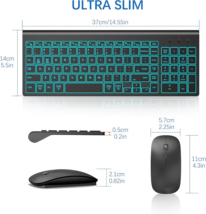 Wireless Backlit Keyboard and Mouse Ultra Slim Combo, TopMate 2.4G Silent Compact 2400DPI Mouse and Scissor Switch Keyboard Set, Batteries Included, for PC/Laptop/Windows/Mac/Gaming - BL Matte Black