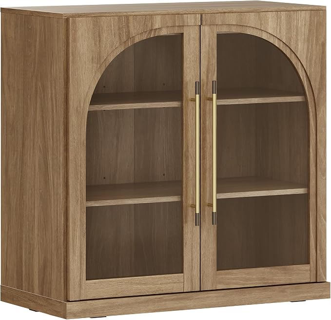 BELLEZE 32.5" Kitchen Storage Cabinet with Adjustable Shelves,Freestanding Accent Cabinet with Fluted Arched Design & Gold Handles,Modern Credenza for Living Room,Dining Room,Entryway - Camel