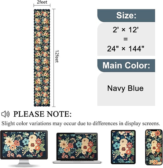 DUKINO 2x12 Runner Rug for Hallway, Soft Floral Washable Kitchen Runner Rug with Non Slip Backing, Lightweight & Low Pile Extra Loog Carpet for Entryway, Laundry Room, Entrance, Bedroom, Navy Blue