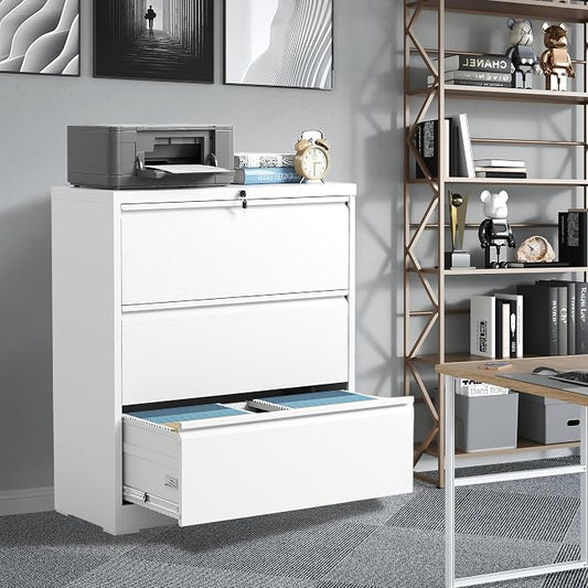 File Cabinets 3 Drawer,Metal Office Storage Filing Cabinet with Lock,White Lateral Filing Cabinet for Home Office,Horizontal Locking File Cabinets for Legal/Letter/A4 Files,Assembly Required