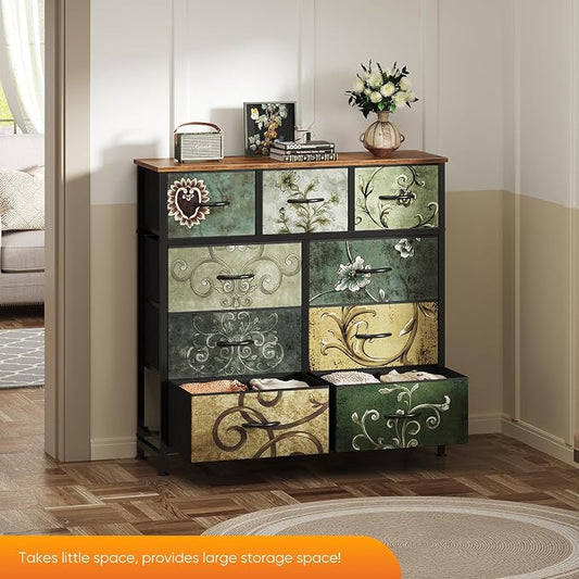 DUMOS Dresser for Bedroom, Storage Organizer with 9 Drawers, Chest of Drawers with Fabric Bins, Sturdy Metal Frame, Wood Tabletop for Guest Room, Closet, Entryway,Vintage