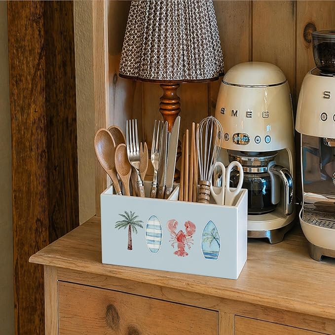 Blue Coastal Beach Pen Pencil Holder for Desk Accessories Coastal Beach Office Decor, Tropical Coastal Ocean Palm Tree Surfboard Crawfish Decorative for Home Bedroom Office Desk Tabletop