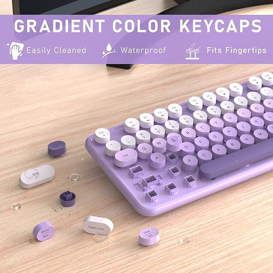 Links9+ Wireless Keyboard and Mouse, Full-Size Retro Typewriter Keyboard with Round Keycaps, 2.4GHz for Windows, Mac, Laptop, PC, Desktop (Purple Gradient)
