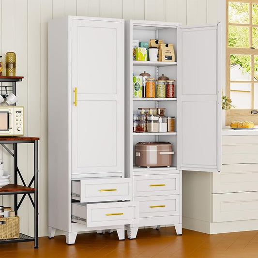 67" Tall Narrow Metal Storage Cabinet, Freestanding Pantry Organizer, White | Slim Bathroom Cabinets with 2 Drawers & 3 Adjustable Shelves, Multi-Use Cupboard for Kitchen Office Living& Dining Room