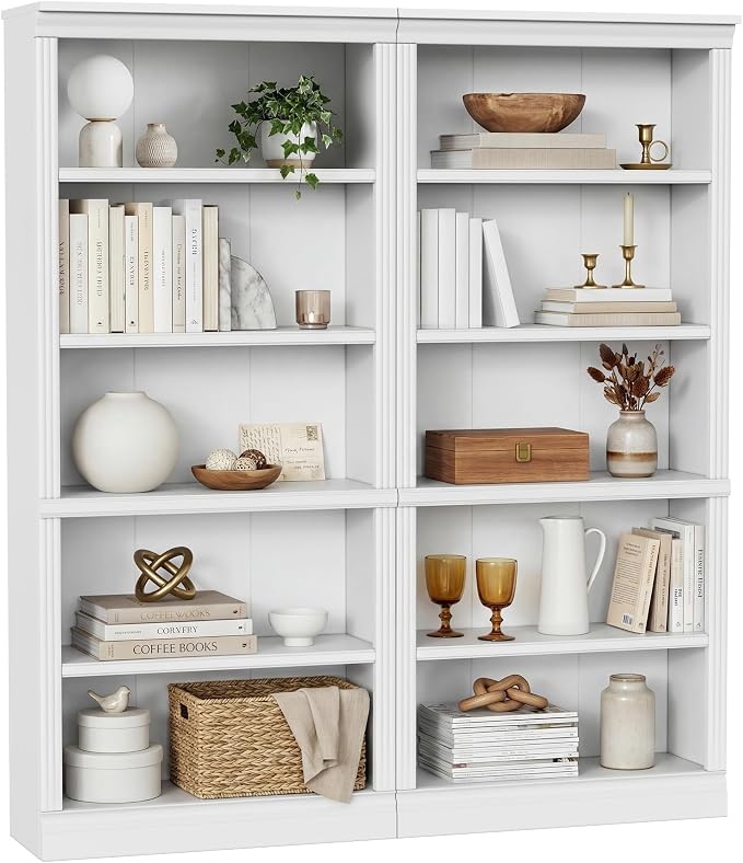 Furniwell Bookcase Bookshelves, 5-Shelf Tall Bookcase 71" Wood Open Display Floor Bookshelf, Large Storage Organizer for Library, Bedroom, Living Room, Set of 2 (White)