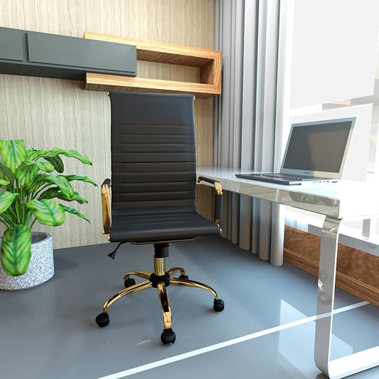 LeisureMod Harris High-Back Task Office Chair - Modern Leather Upholstery with Gold Frame, Ribbed Design 360 Degree Adjustable Swivel for Home, Office, and Study Room