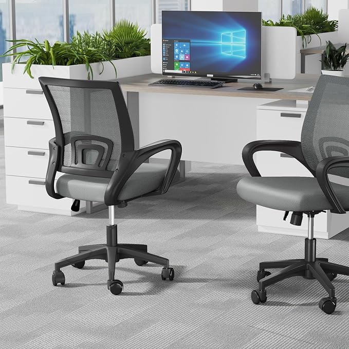 OS MOTOR Home Office Chair, Ergonomic Mid-Back Mesh Desk Chair with Lumbar Support, Adjustable Swivel Rolling Design, Comfy Armrest for Work, Study, Gaming, Vanity (Light Gray, Single Chair)