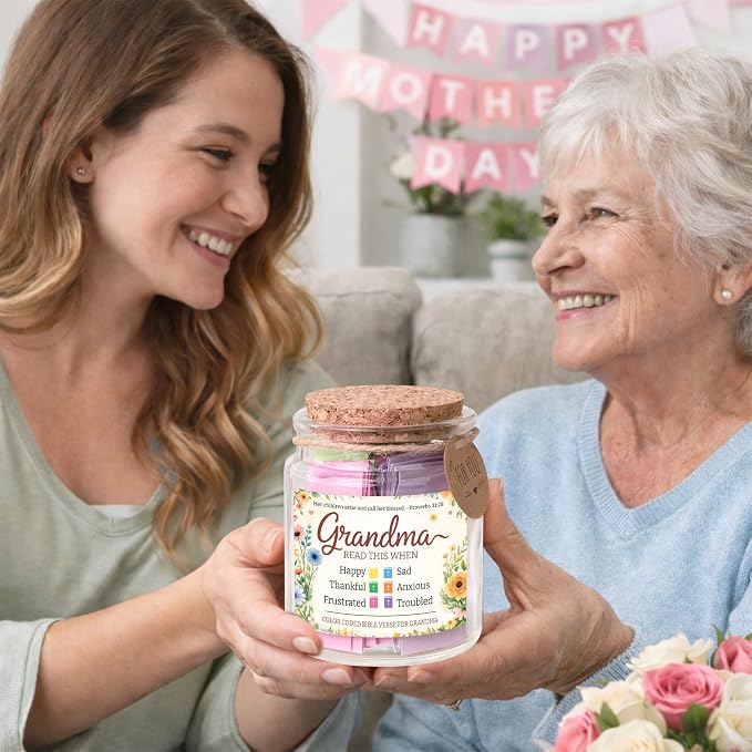 Bible Verse Jar for Grandma, 92 Color Coded Bible Verse in Glass Jar, Christian Gifts for Grandma, Mothers Day Gifts for Grandma, Religious Birthday Christmas Gift for Grandmother