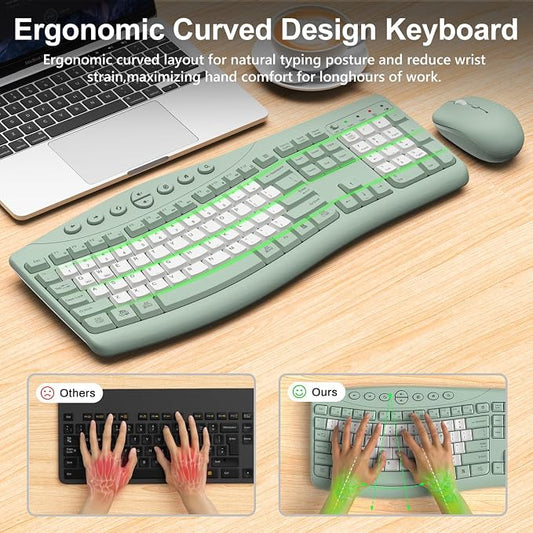 Wireless Keyboard and Mouse Combo, 2.4G Full Size Quiet Ergonomic Curved Keyboard for Natural Typing, 3-Level DPI Adjustable Silent Mouse for Windows, Mac OS, Desktop/Office and Home (Avocado Green-B)