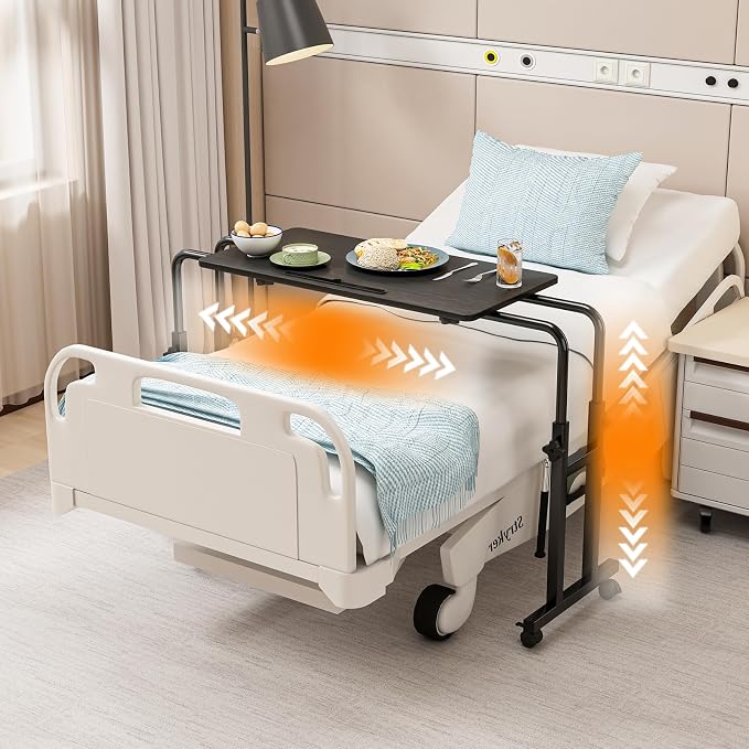 Furist Overbed Table with Wheels, Adjustable Height and Length Over Bed Desk, Hospital Heavy Duty Metal Leg Laptop Stand for Adults