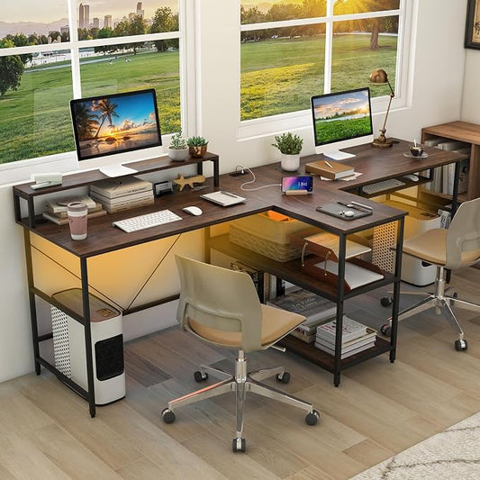 Tangkula 2-Person Reversible Computer Desk with LED Lights, 94.5” Long Office Desk with Power Outlets, Monitor Stand, Keyboard Tray & 2 Storage Shelves, Double Desk for Gaming Working Writing (Walnut)