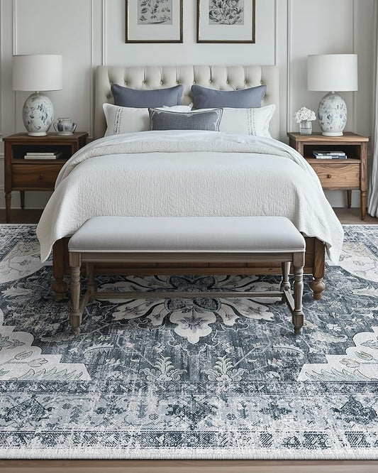 RELEANY Area Rugs 8'x10' Washable Non-Slip, Floral Vintage Distress Medallion Carpet for Living Room Bedroom Dining Room, Light Gray Grey White