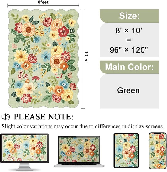 DUKINO 8x10 Area Rug, Floral Washable Rugs for Living Room with Non Slip Backing & Non-Shedding, Lightwight Low Pile Boho Design Large Carpets for Bedroom, Living Room, Dining Room, Green
