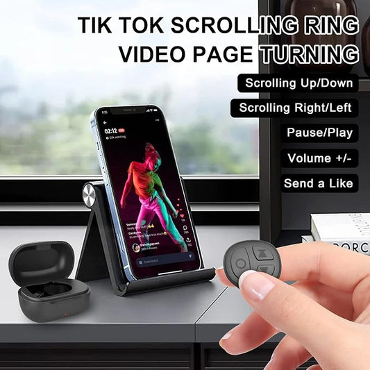 Tiktok Scrolling Ring, Bluetooth Camera Remote Control, Scrolling Ring Remote for iPhone TikTok FB YouTube IG Android Phone, Fingertip Wireless Scroller Page Turner (Black)