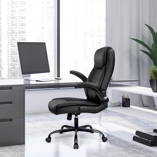 NEO Chair Ergonomic Office Chair Executive Computer Desk Chair Gaming High Back Support Comfy Seat Flip-up Arms Adjustable Height Swivel Rolling Wheels PU Leather for Home (Dark Black)