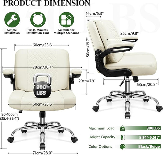 Criss Cross Office Chair with 2-in-1 Flip Backrest – Ergonomic PU Leather Floor Sitting Chair, Adjustable Height, 360° Swivel & Flip-Up Arms, Extra-Wide Seat for Home Office, Vanity, Nail Salon-White