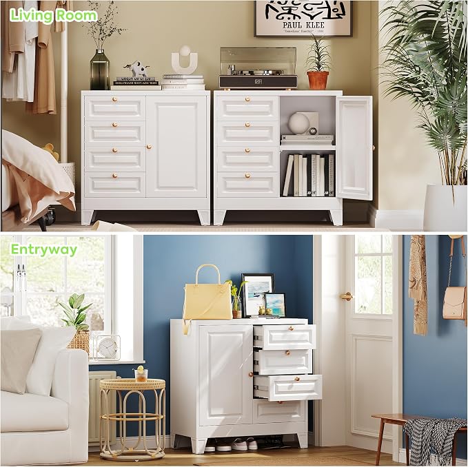 Bathroom Storage Cabinet with 4 Drawers,Metal Bathroom Floor Cabinet with Door and Shelves,Toilet Paper Storage Cabinet for Bathroom,Home,33" H x 31.5" W x 15.75" D,White