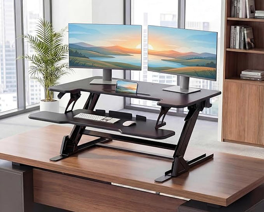HUANUO 32" Z Shaped Standing Desk Converter with Wide Keyboard Tray, Black | Instant Sit-Stand Convert,Fits Dual Monitors,Dual Gas Spring Lifter,Wobble-Free Z-Steel,Quick Keyboard Install
