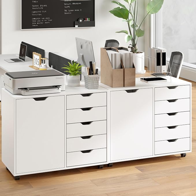 Lateral File Cabinet, 5 Drawers Chest & 1 Side Cabinet, Rolling Storage Cabinet for Home Office, Versatile Filing Cabinet with Wheels, Mobile Printer Stand, Dresser for Bedroom, White