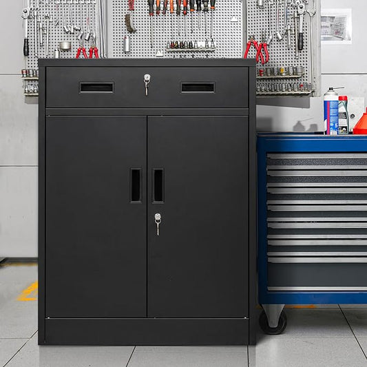 CMY Metal Storage Cabinet, Locking Storage Cabinet with 1 Drawer and Adjustable Shelf, 36" H x 28" W x 16" D Metal Cabinets for Office, Garage, Home-Black