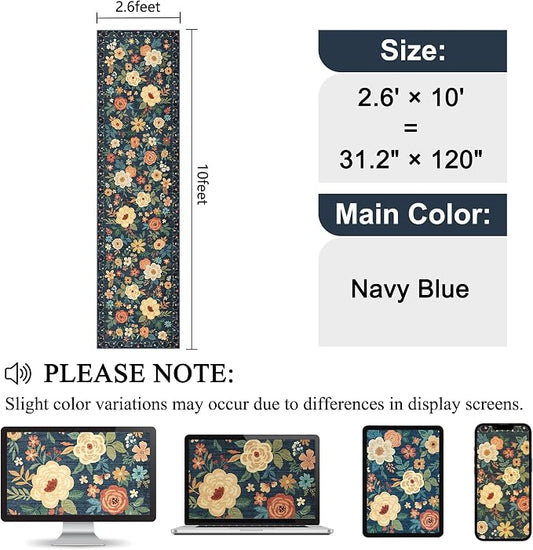 DUKINO Runner Rug for Hallway, 2.6x10 Washable Floral Long Kitchen Rug with Non Slip Backing, Lightweight & Stain Resistant Runners for Indoor Entrance, Laundry, Living Room, Bedroom, Navy Blue