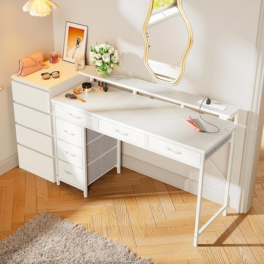 Huuger Gaming Desk with 6 Drawers, Computer Desk with LED Lights Power Outlets and Type-C, 47 Inch Office Table with Storage, Monitor Stand, Writing & Work Home Office, Bedroom, Study, White