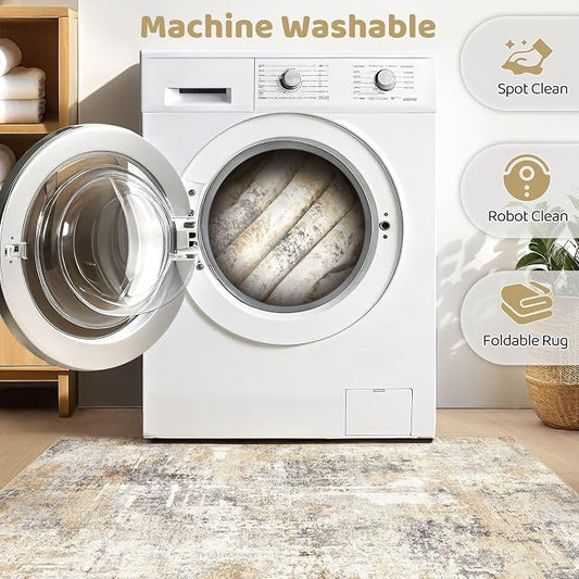 Round Rug Living Room Rugs: 5Ft Washable Circle Large Abstract Modern Soft Stain Resistant Non Slip Indoor Floor Carpet for Bedroom Nursery Office Dining Room Dorm Home House Decor- Gray Gold