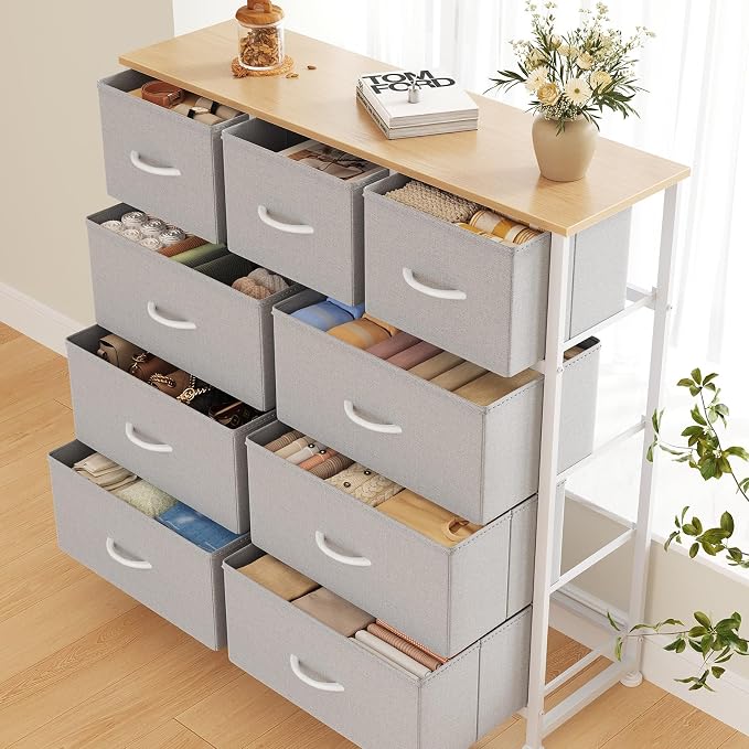 DUMOS 9 Drawer Dresser for Bedroom, Fabric Storage Organizer with Sturdy Metal Frame, Wooden Top Chest of Drawers for Closet Entryway Guest Room,Light Grey