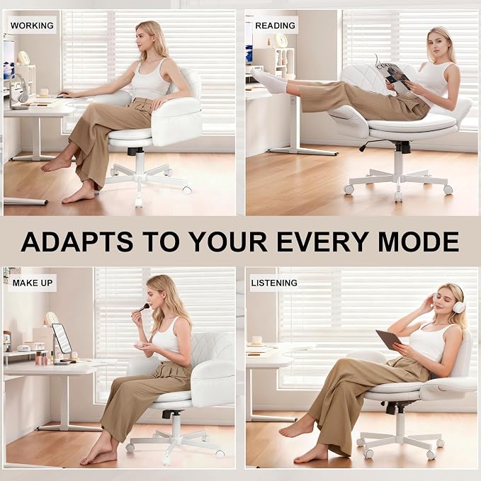 Misolant Criss Cross Chair with Armrests & Wheels for Cross-Legged Sitting, Comfortable PU Leather Vanity Chair, Office Desk Chairs with Adjustable Rocking Function, for Home, Bedroom White