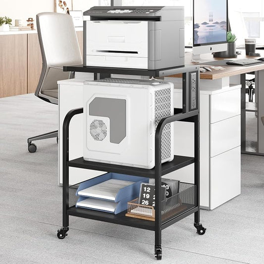 IDEALHOUSE Large Printer Stand with Power Outlets and USB Charging Ports, Mobile Printer Table with Adjustable Shelf, 3 Tier Rolling printer cart with Wheels for Home Office, Rustic Black