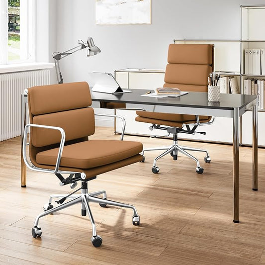 Genuine Leather Office Chair, Padded Mid Back Ergonomic Executive Desk Chair with Aluminum Arm Rest and Base, Swivel Wheels with Lumbar Support & Tilting Function, Hight Adjustable Light Brown