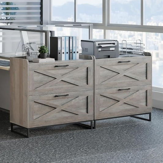 Lateral File Cabinet 2 Drawer File Cabinet with Charging Station for Legal/Letter/A4 Size Hanging Files, Modern Farmhouse Large Wood File Storage Cabinet for Home Office Furniture(Washed Gray)