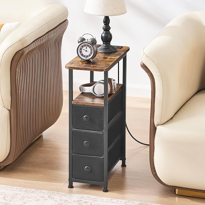 DALEMHOME Narrow End Table with Charging Station, Narrow Side Table with Drawer, Small Nightstand with LED Light, Skinny Nightstand, Small Bedside Table for Living Room, Bedroom, Couch, Rustic Brown