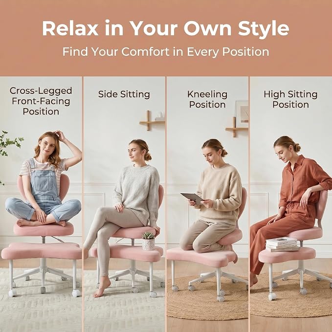 Cross Legged Office Chair with Wheels, 360 Swivel Height-Adjustable Meditation Chair with Lumbar Support, Pink