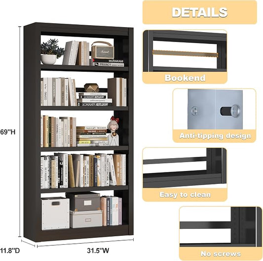 5 Tier Metal Bookshelf,69'' Tall Heavy Duty Bookcase with Adjustable Shelves,Black Large Modern Bookshelves,Industrial Open Bookcases for Library,Office,Study Room,Living Room