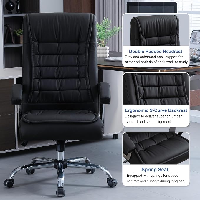 Executive Office Chair Adjustable Leather Chair, High Back Swivel Office Desk Chair with Padded, Armrest 350lbs Load-Bearing Spring Seat Computer Desk Chair for Home Office, Black